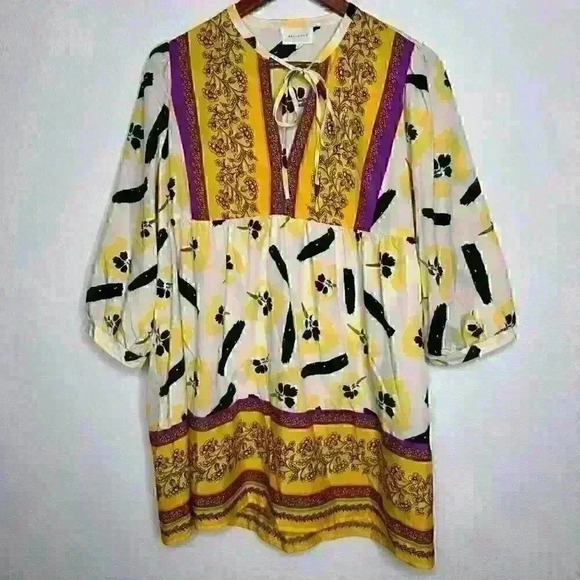 Melloday Boho Colorful Floral Tunic with tie neck Sz L - Picture 3 of 10
